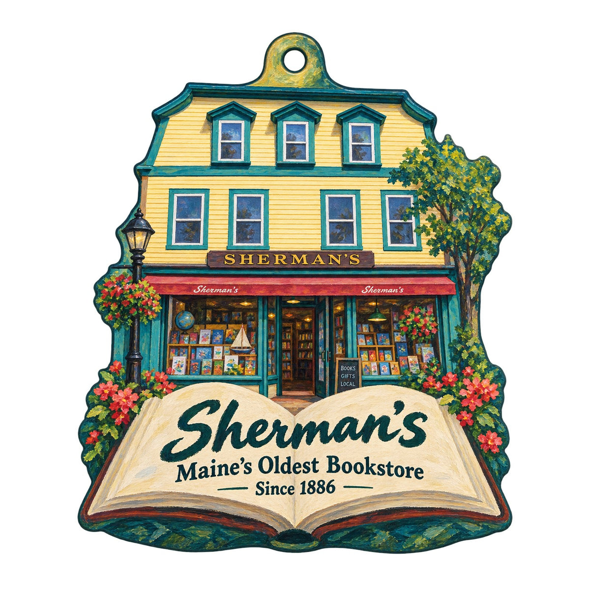 Sherman's Maine Coast Book Shops Logo custom wood ornament OC62 on white