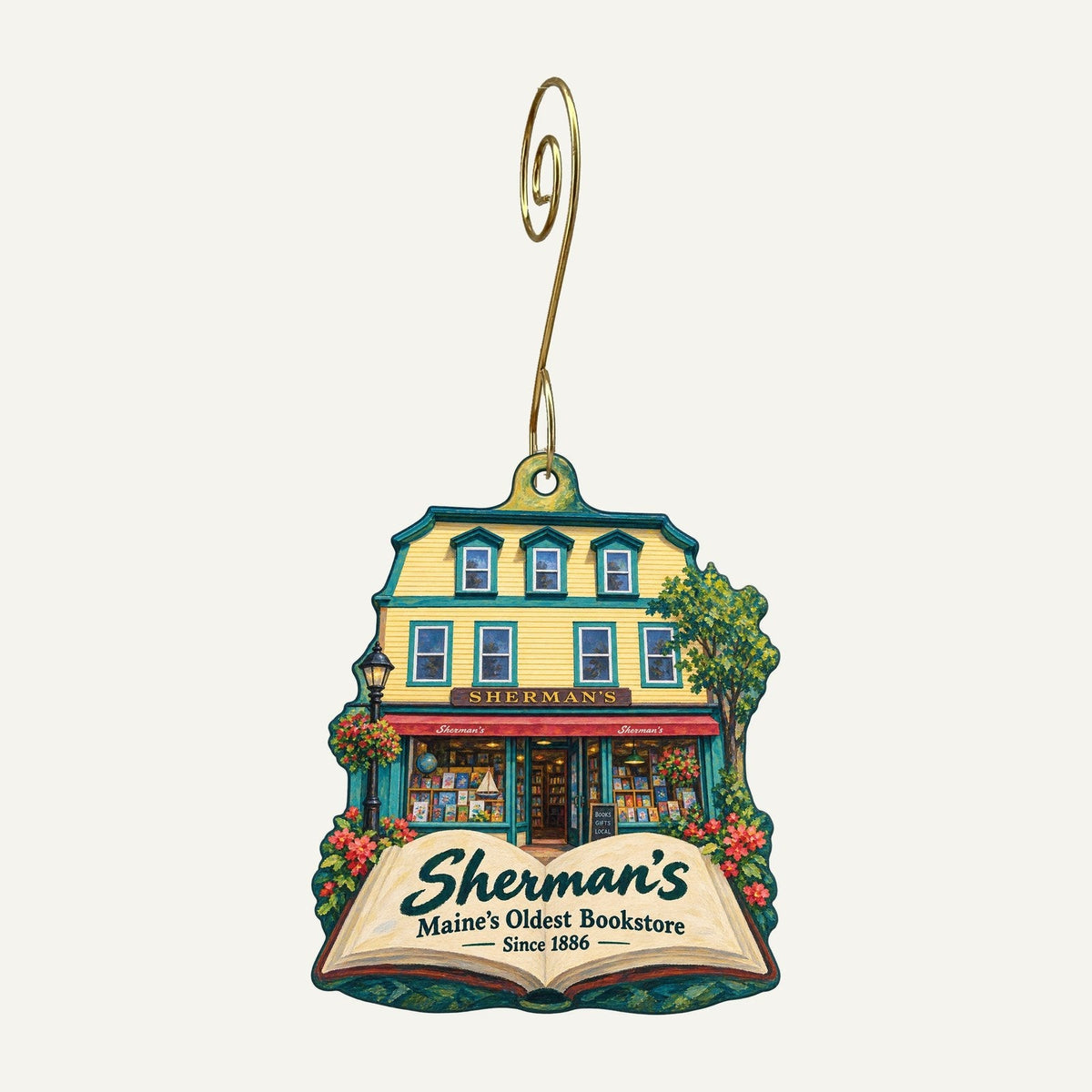 Sherman's Maine Coast Book Shops Logo custom wood ornament OC62 hanging on hook