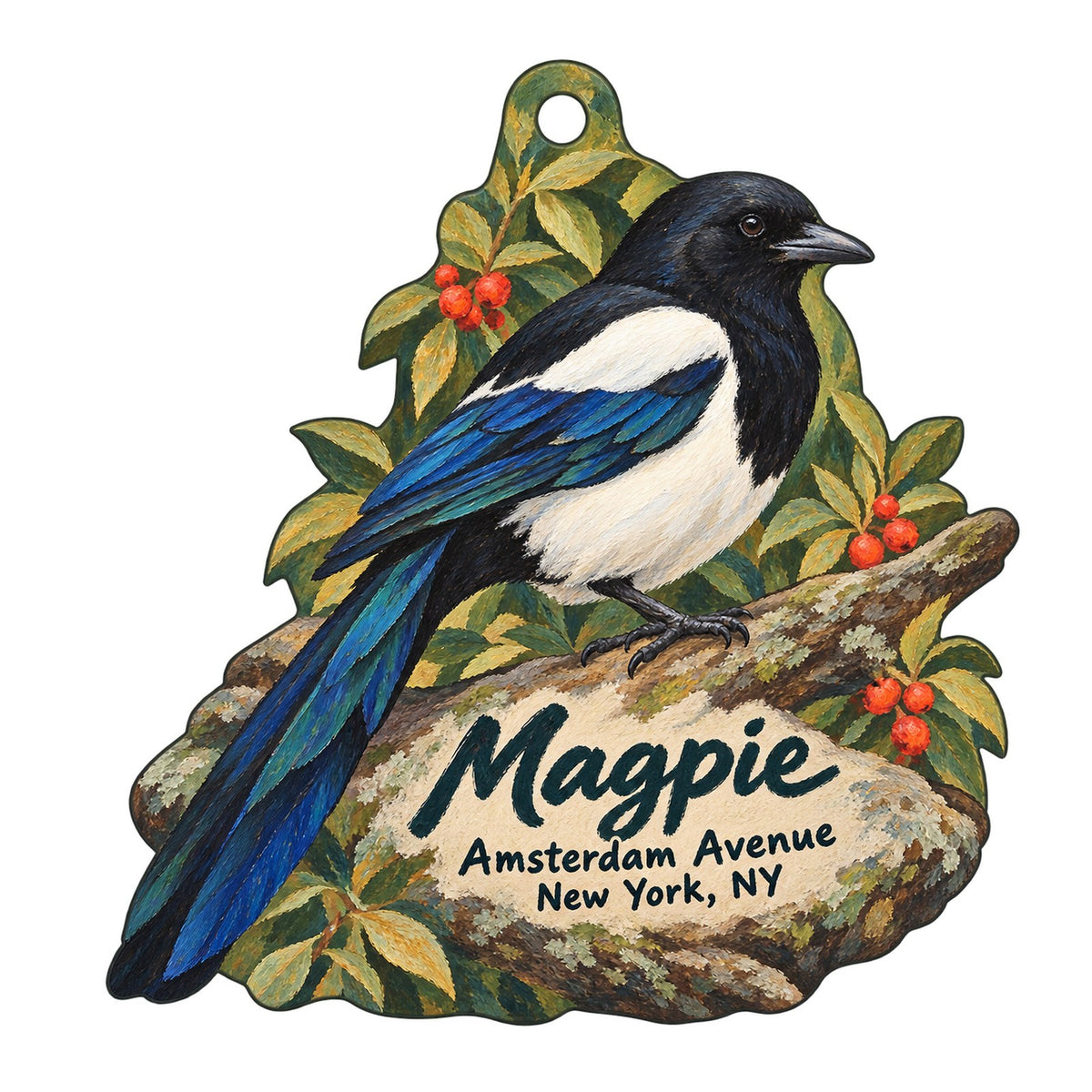 Magpie Logo custom wood ornament OC638 on white