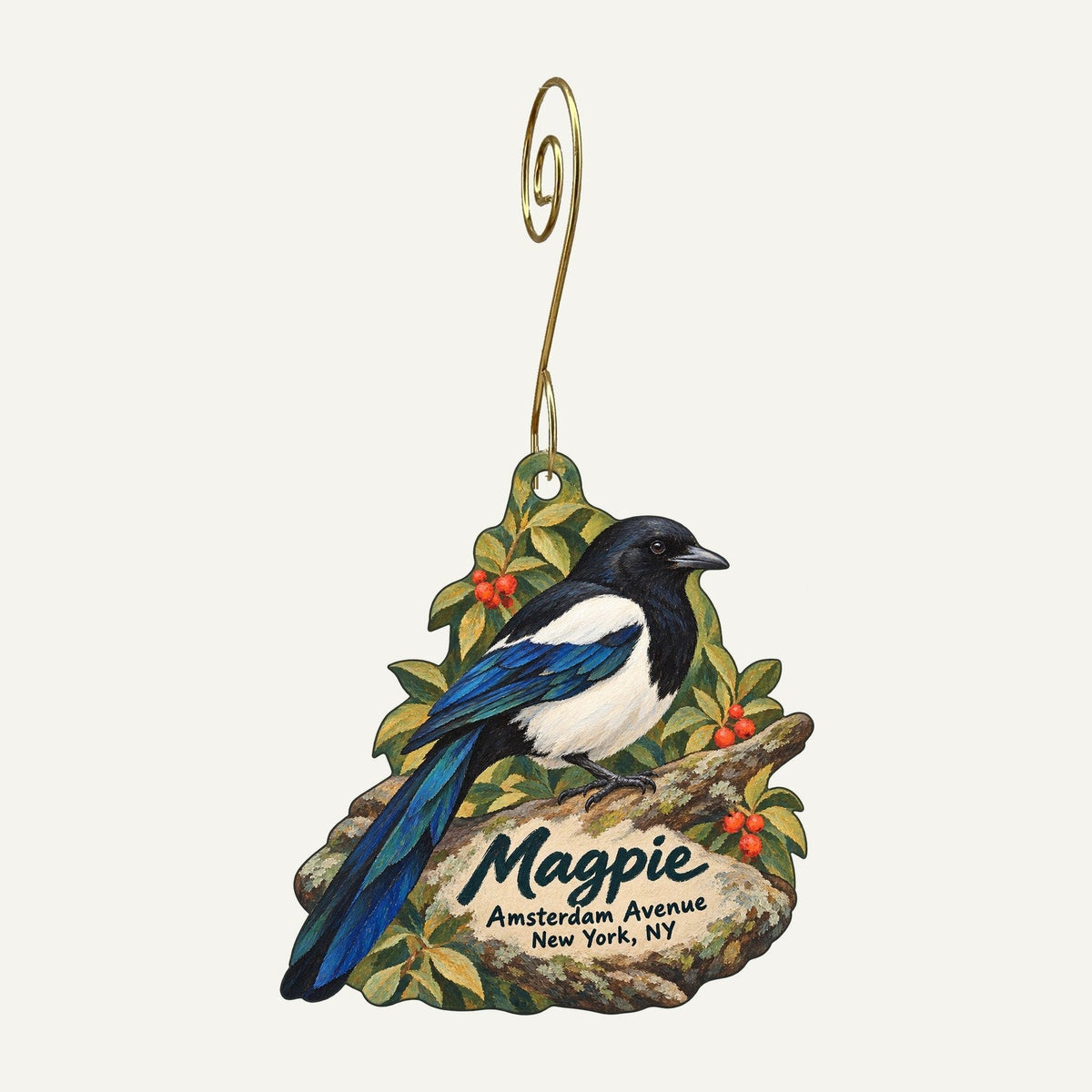 Magpie Logo custom wood ornament OC638 hanging on hook