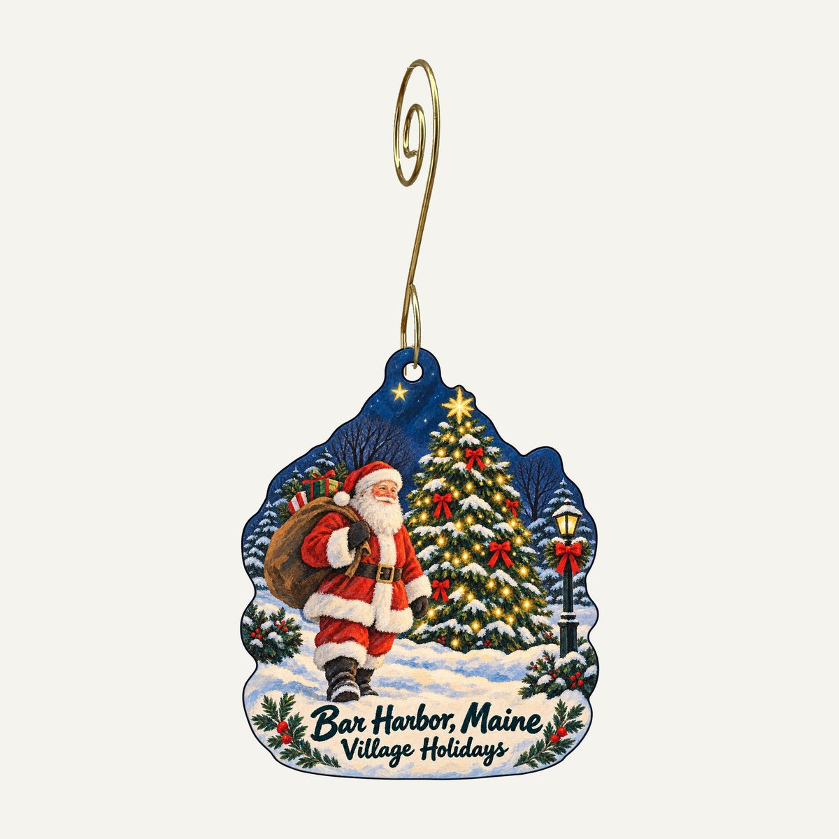 Sherman's Maine Coast Book Shops Christmas custom wood ornament OC63 hanging on hook