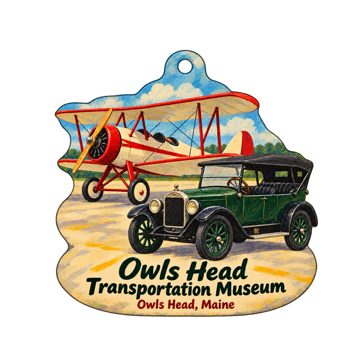 Owls Head Transportation Museum Store Logo custom wood ornament OC644 on white