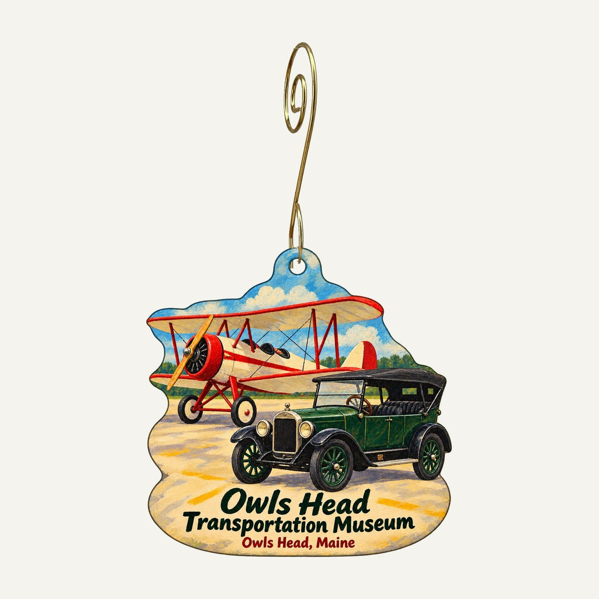 Owls Head Transportation Museum Store Logo custom wood ornament OC644 hanging on hook