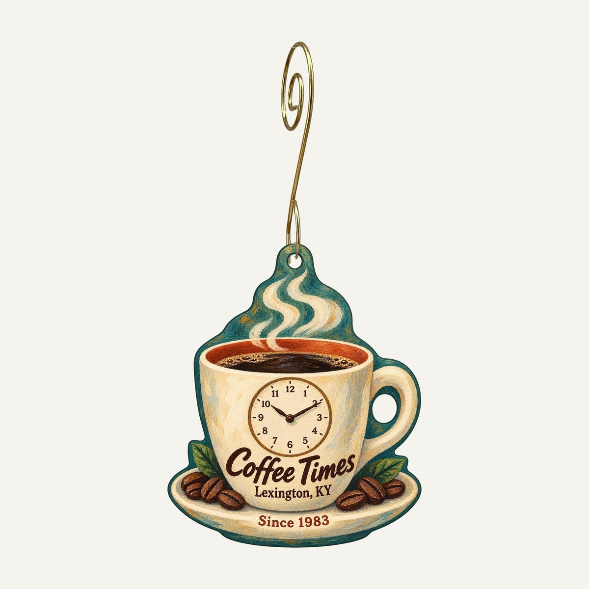 Coffee Times Coffee House Logo custom wood ornament OC650 hanging on hook