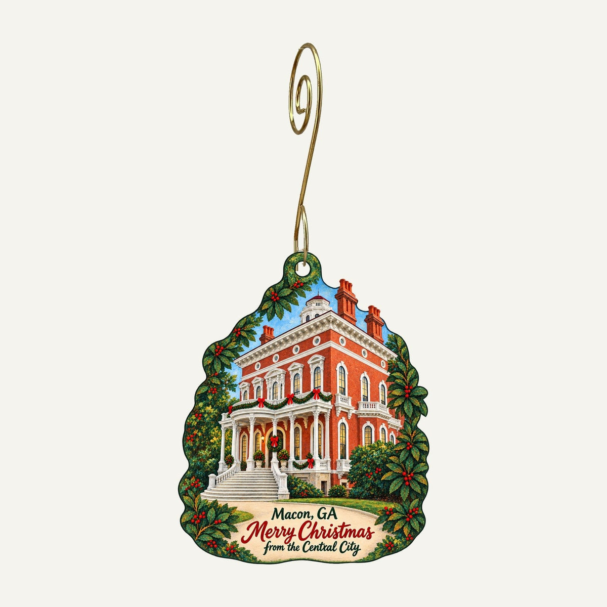 Ocmulgee Mounds Association Christmas custom wood ornament OC669 hanging on hook