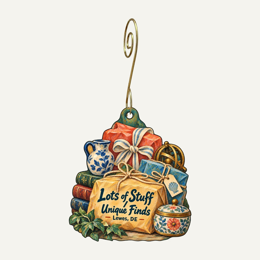 Lots of Stuff / Unique Finds Logo custom wood ornament OC671 hanging on hook