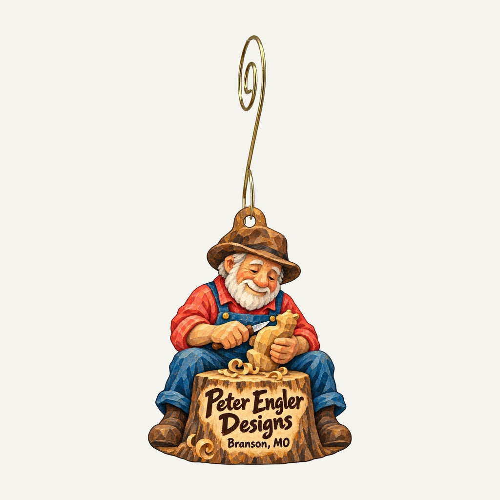 Peter Engler Designs Logo custom wood ornament OC674 hanging on hook
