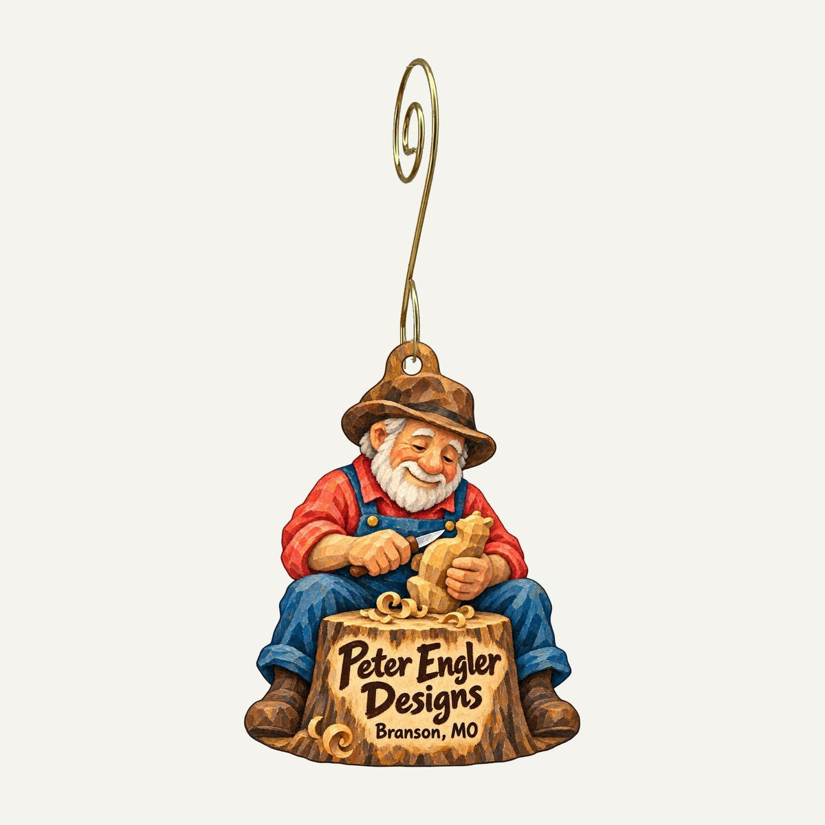 Peter Engler Designs Logo custom wood ornament OC674 hanging on hook