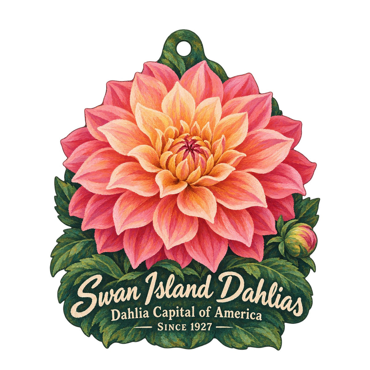 Swan Island Dahlias Logo custom wood ornament OC680 on white