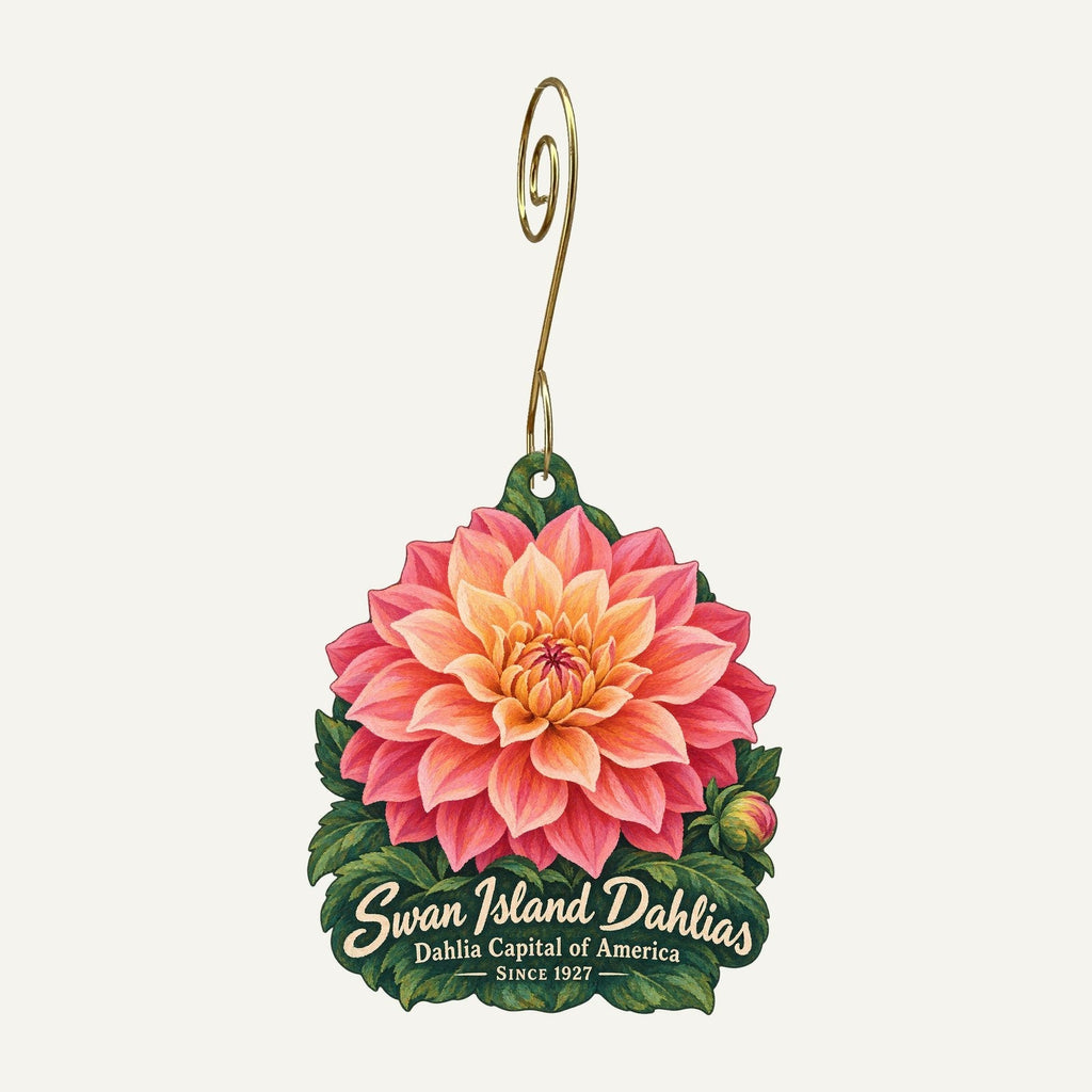 Swan Island Dahlias Logo custom wood ornament OC680 hanging on hook