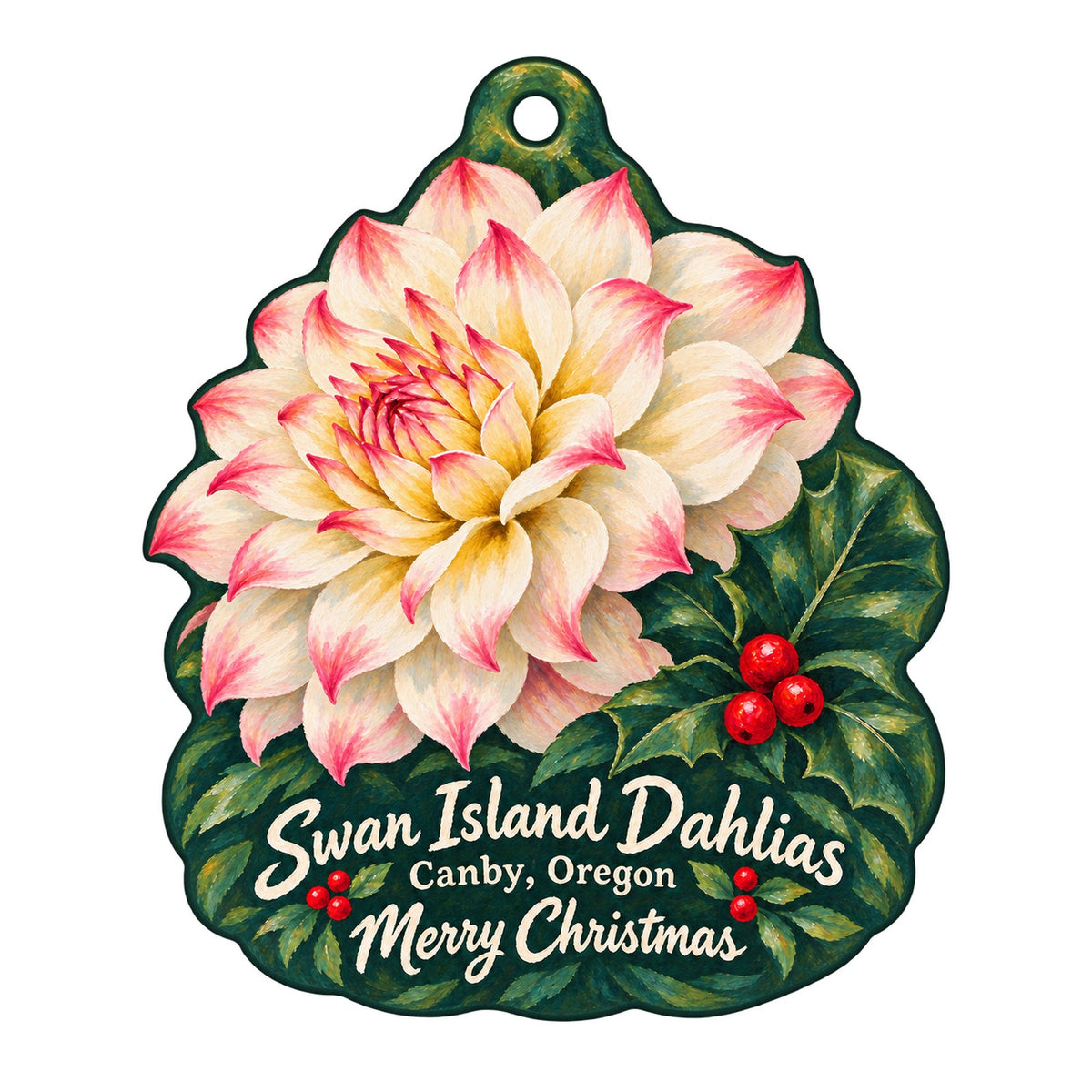Swan Island Dahlias Christmas custom wood ornament OC681 on white