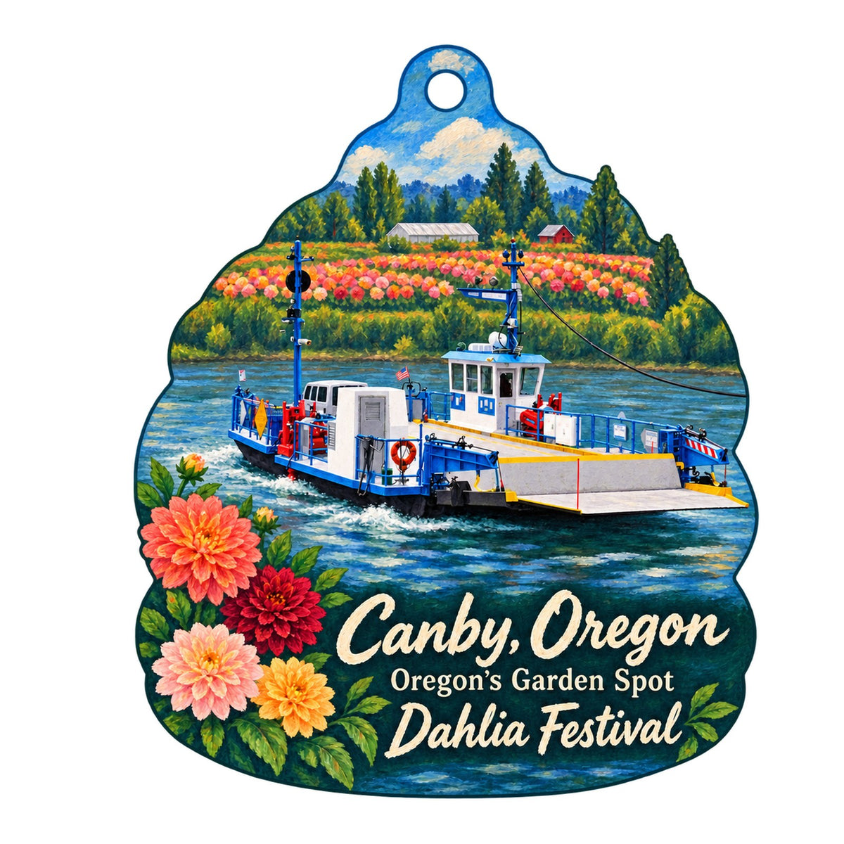 Swan Island Dahlias Town Icon custom wood ornament OC682 on white