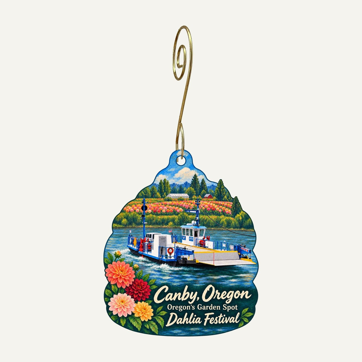 Swan Island Dahlias Town Icon custom wood ornament OC682 hanging on hook
