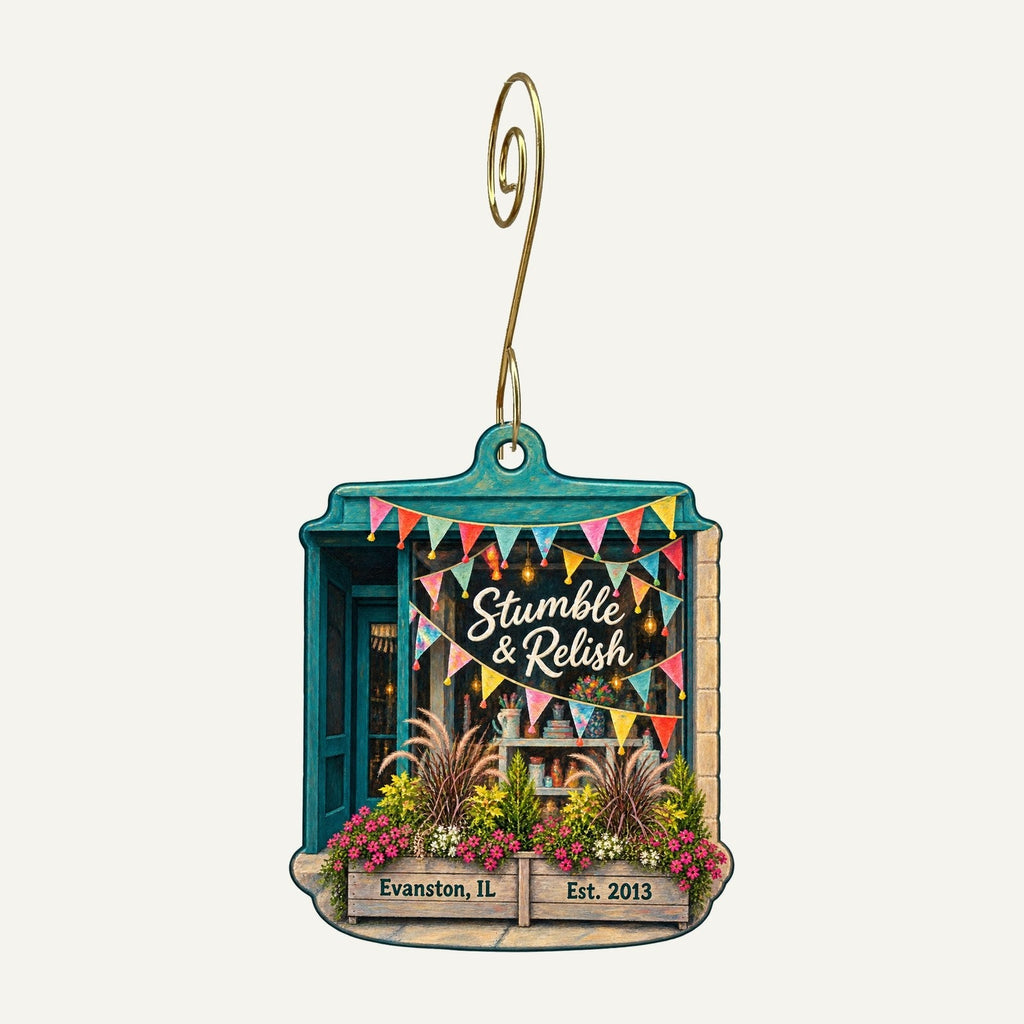 Stumble & Relish Logo custom wood ornament OC686 hanging on hook