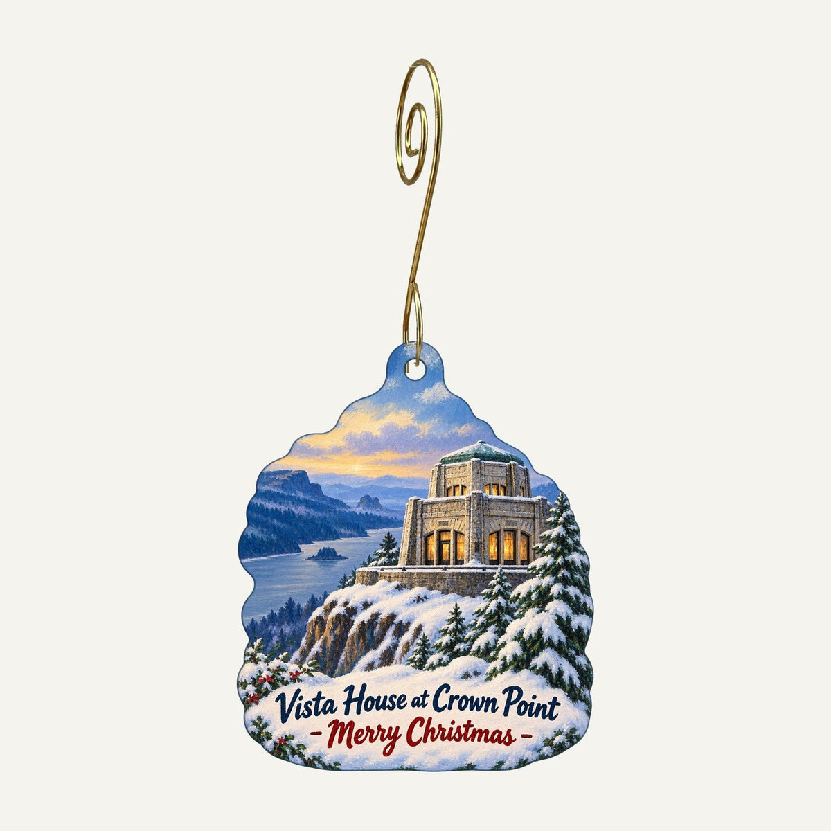 Friends of Vista House Christmas custom wood ornament OC690 hanging on hook