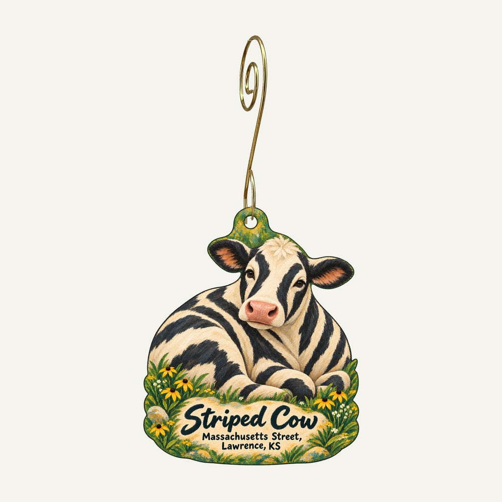 Striped Cow Logo custom wood ornament OC695 hanging on hook