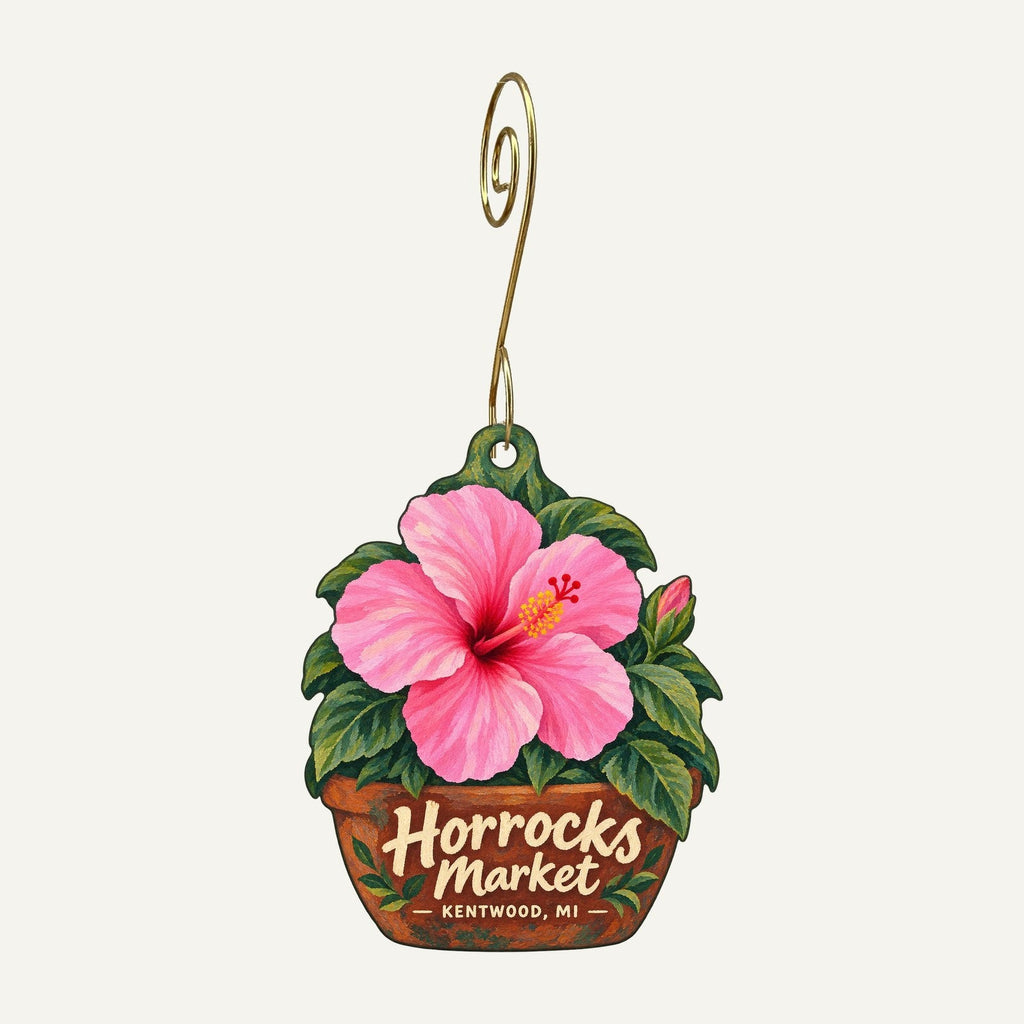 Horrocks Market Logo custom wood ornament OC701 hanging on hook