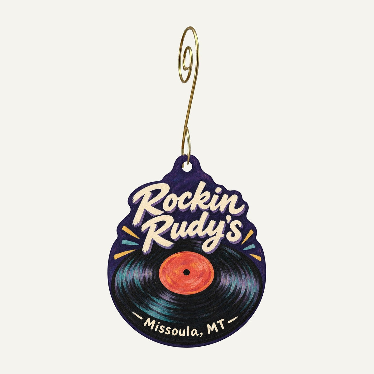 Rockin Rudy's Logo custom wood ornament OC704 hanging on hook