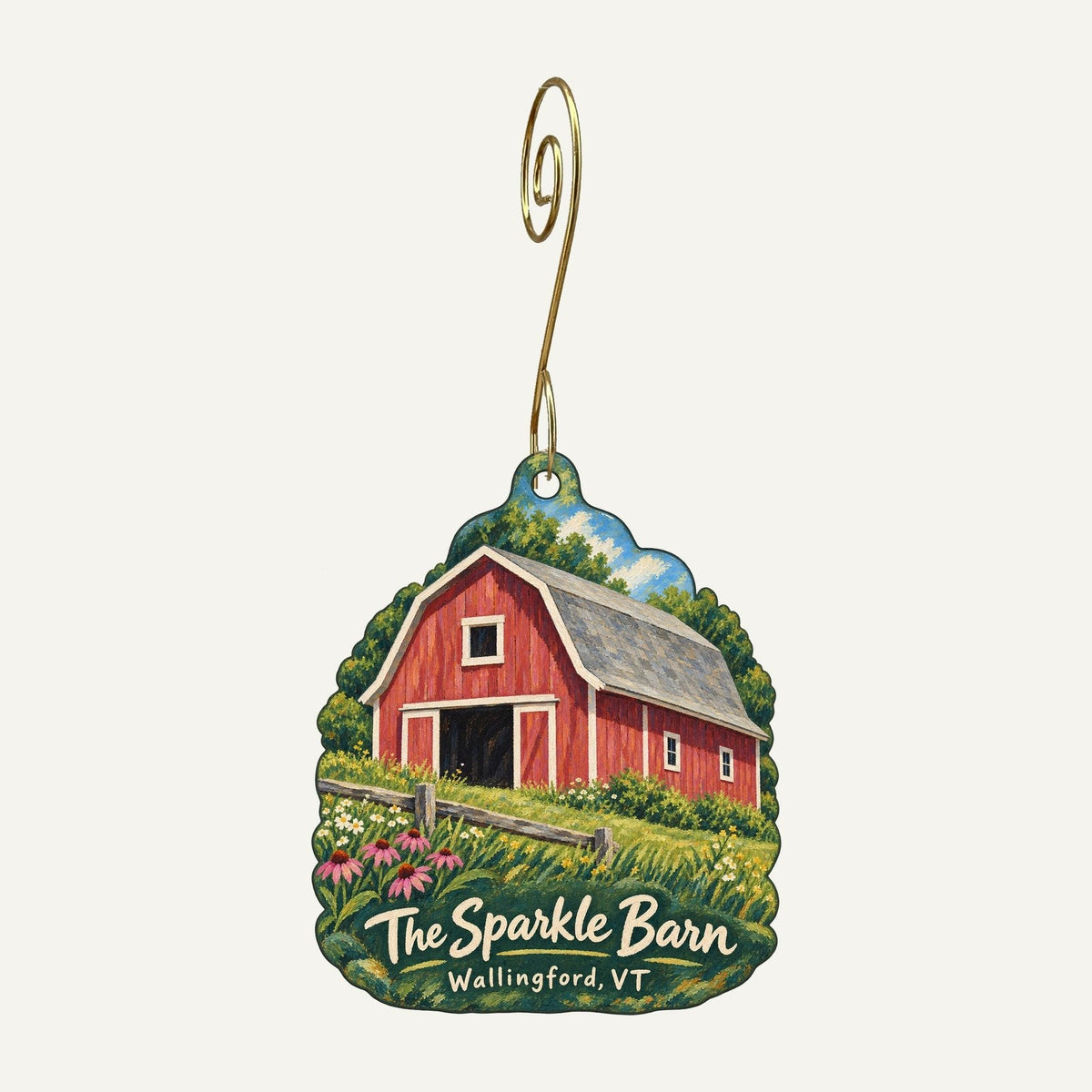 The Sparkle Barn Logo custom wood ornament OC707 hanging on hook