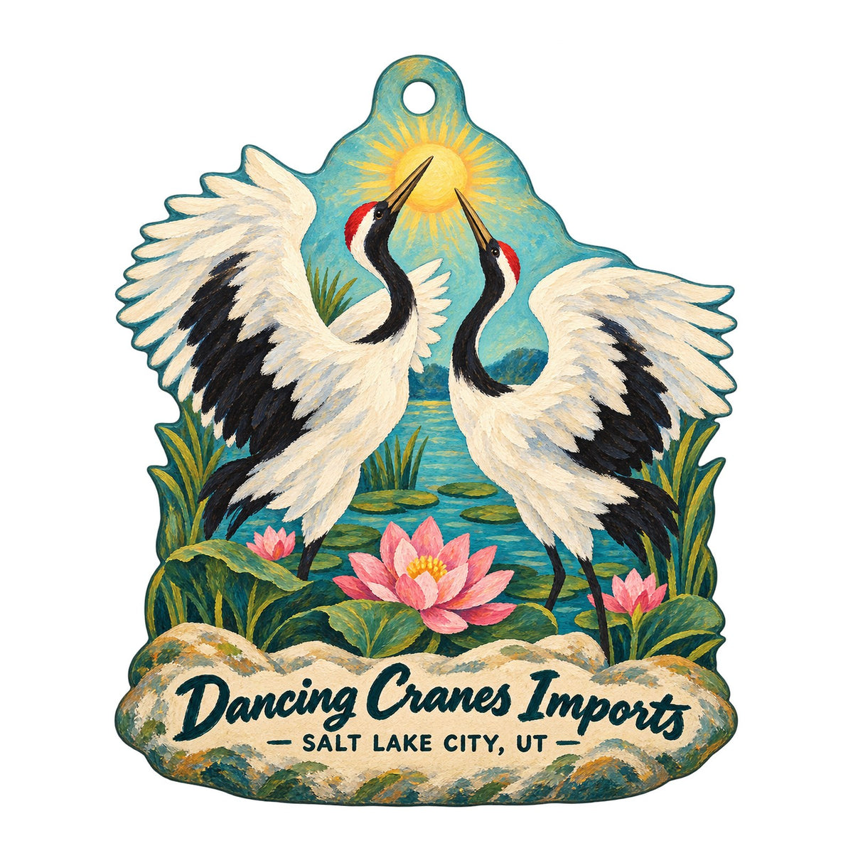 Dancing Cranes Imports Logo custom wood ornament OC716 on white