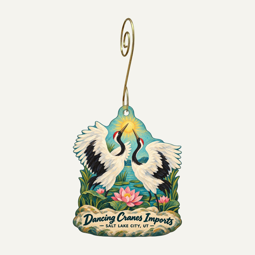 Dancing Cranes Imports Logo custom wood ornament OC716 hanging on hook