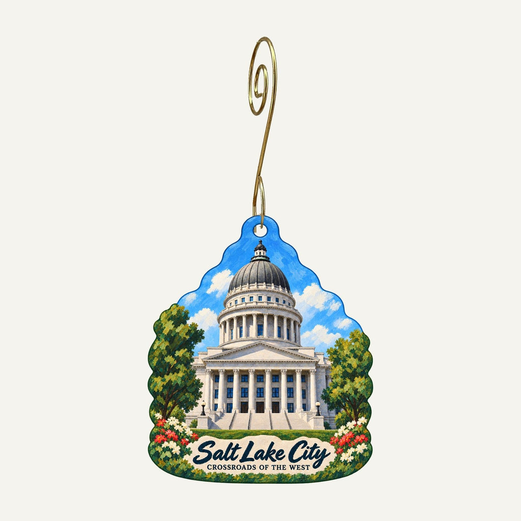 Dancing Cranes Imports Town Icon custom wood ornament OC718 hanging on hook