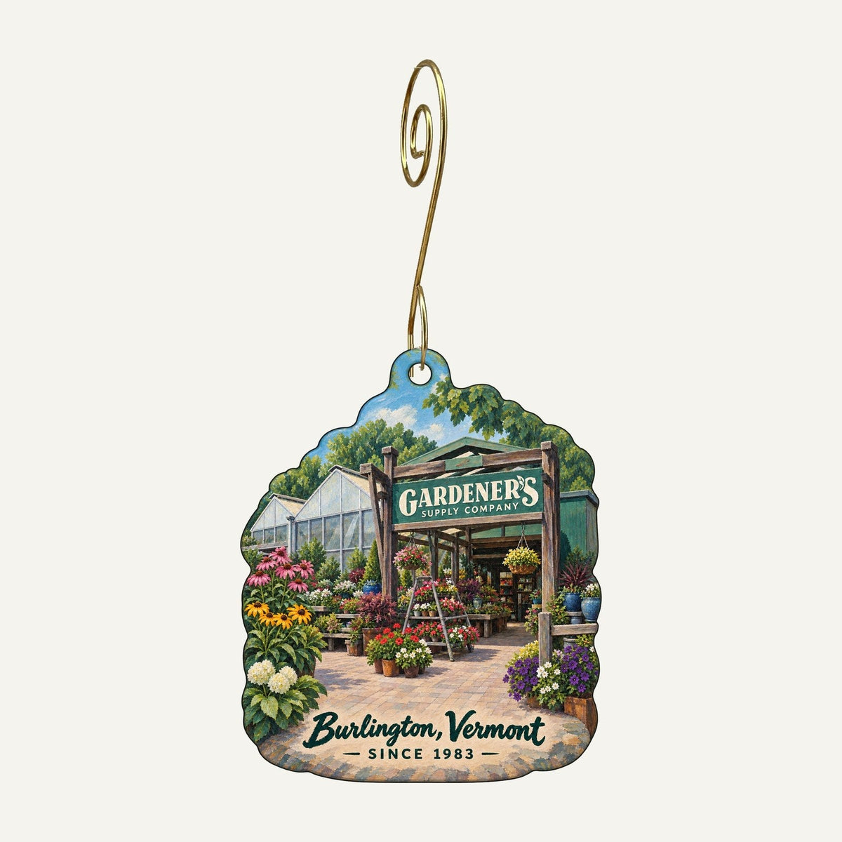 Gardener's Supply Company Logo custom wood ornament OC71 hanging on hook