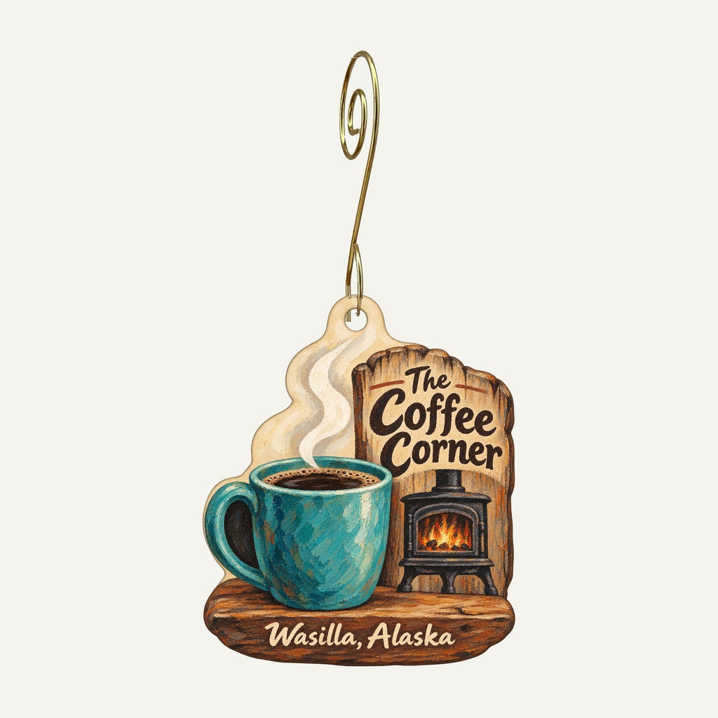 The Coffee Corner Logo custom wood ornament OC722 hanging on hook