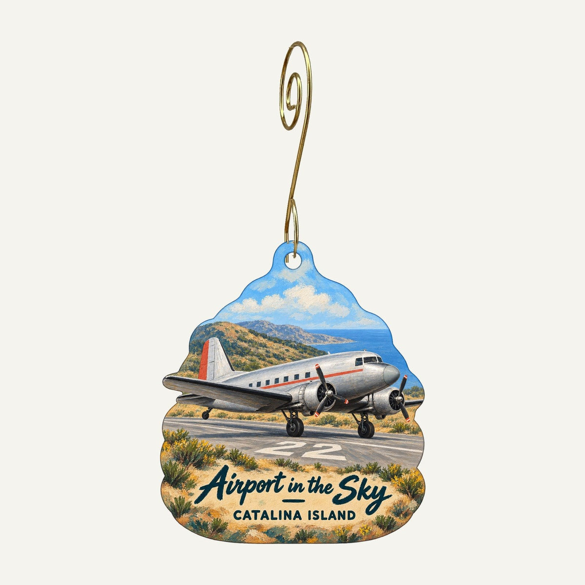 Airport in the Sky - DC-3 Gifts & Grill Logo custom wood ornament OC725 hanging on hook