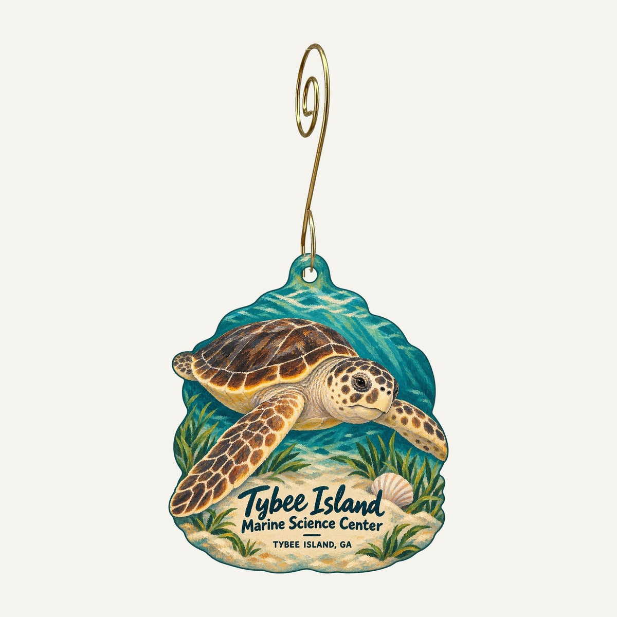 Tybee Island Marine Science Center Logo custom wood ornament OC728 hanging on hook