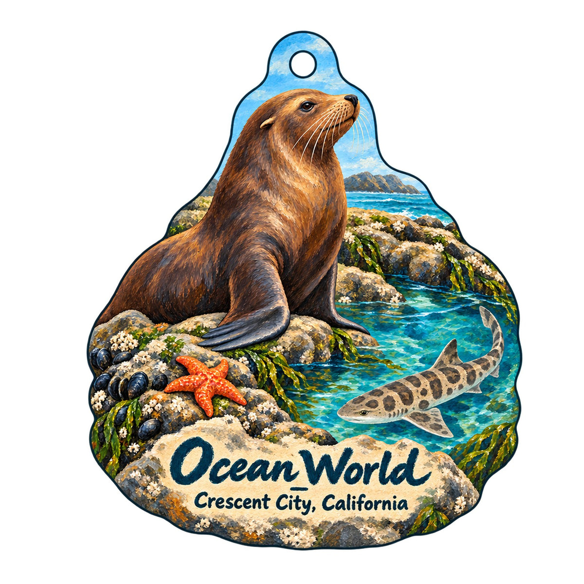Ocean World Logo custom wood ornament OC731 on white
