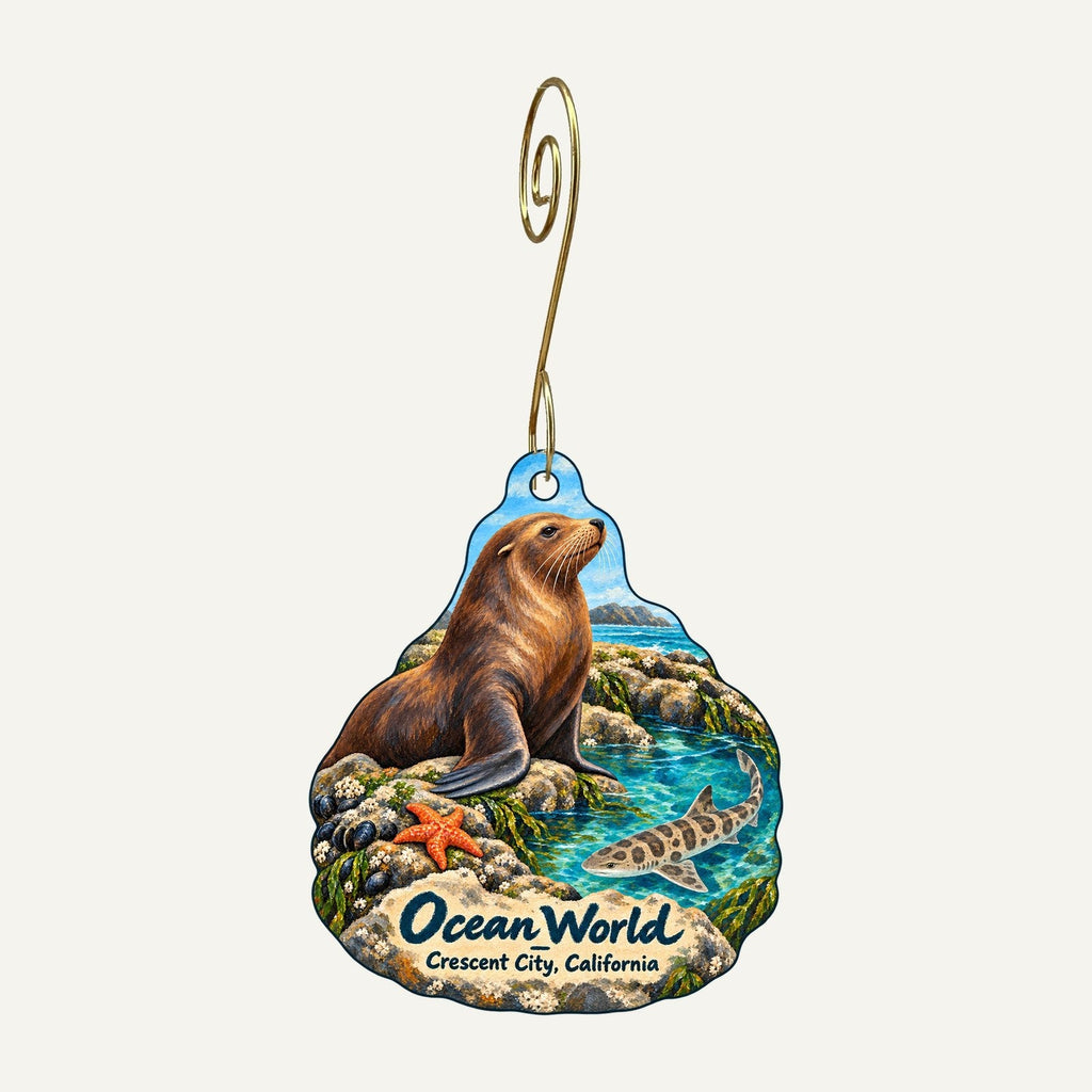 Ocean World Logo custom wood ornament OC731 hanging on hook