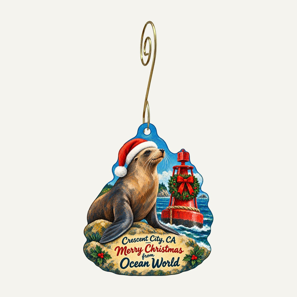 Ocean World Christmas custom wood ornament OC732 hanging on hook
