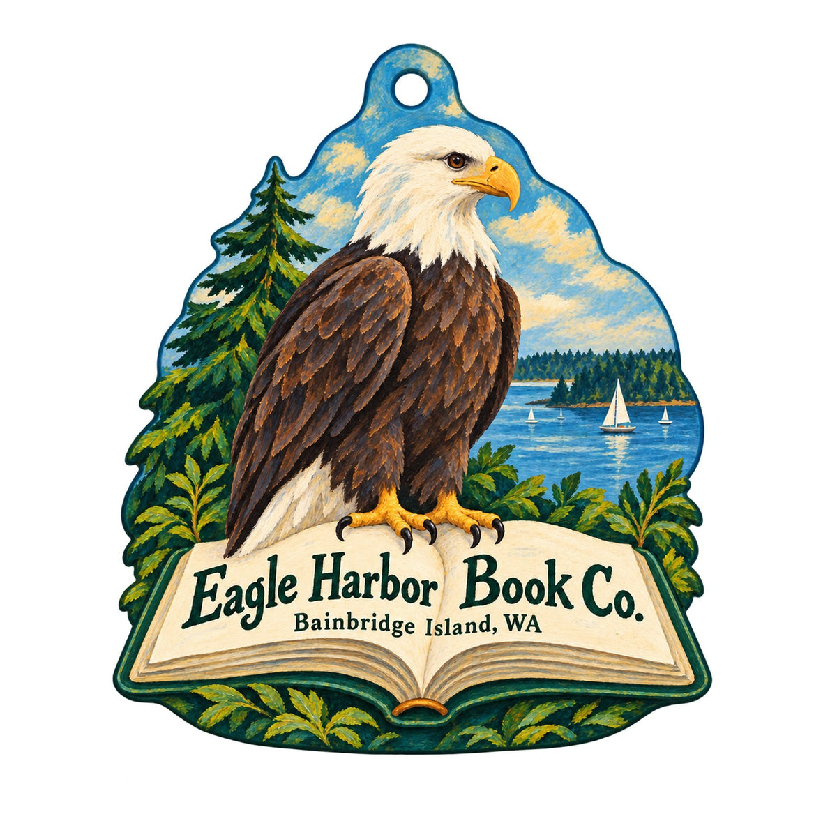 Eagle Harbor Book Co. Logo custom wood ornament OC743 on white
