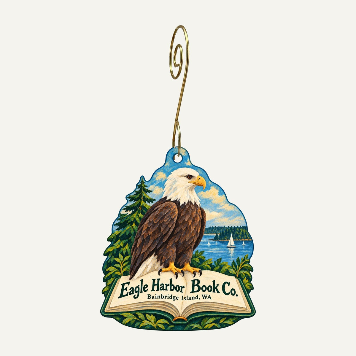 Eagle Harbor Book Co. Logo custom wood ornament OC743 hanging on hook