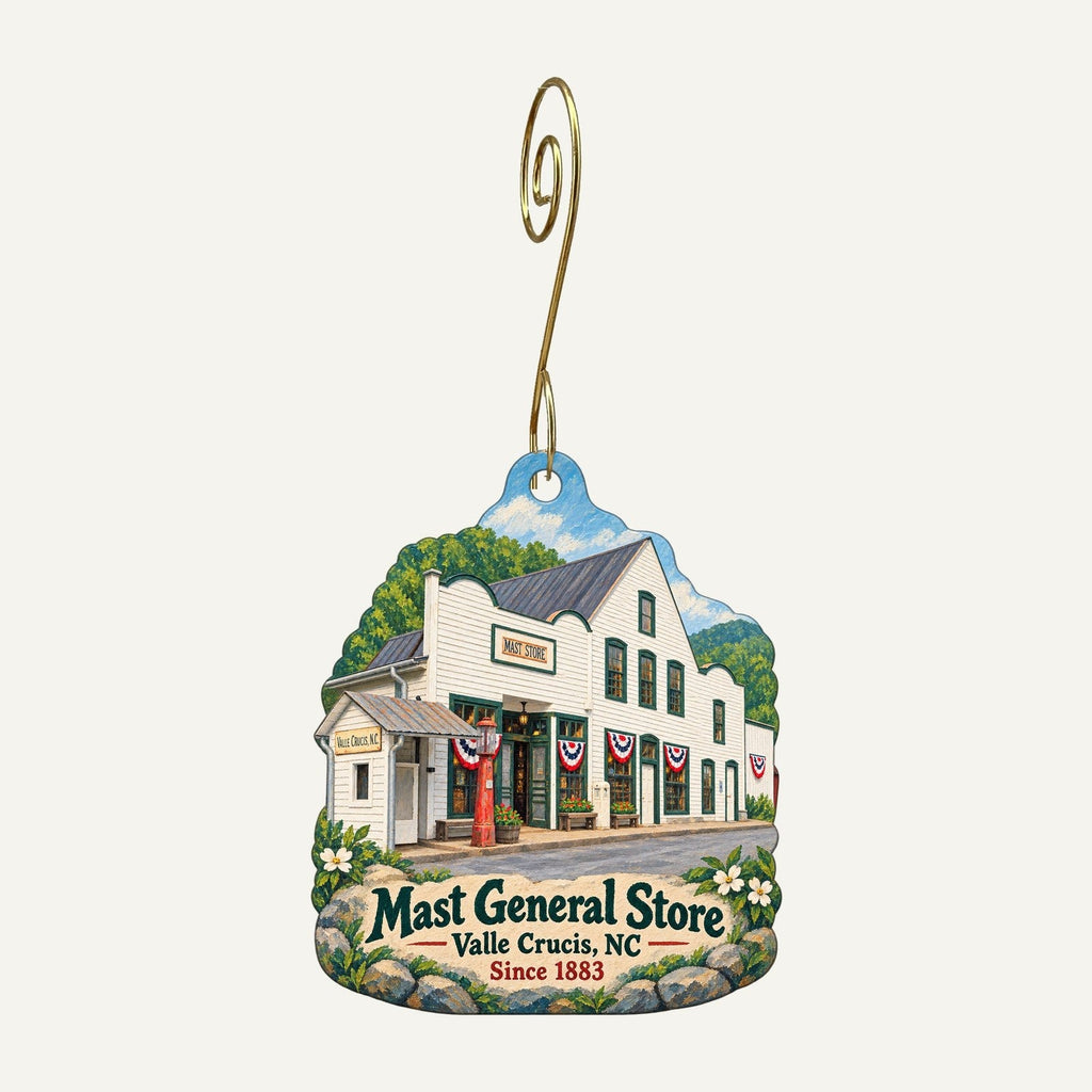 Mast General Store Logo custom wood ornament OC74 hanging on hook