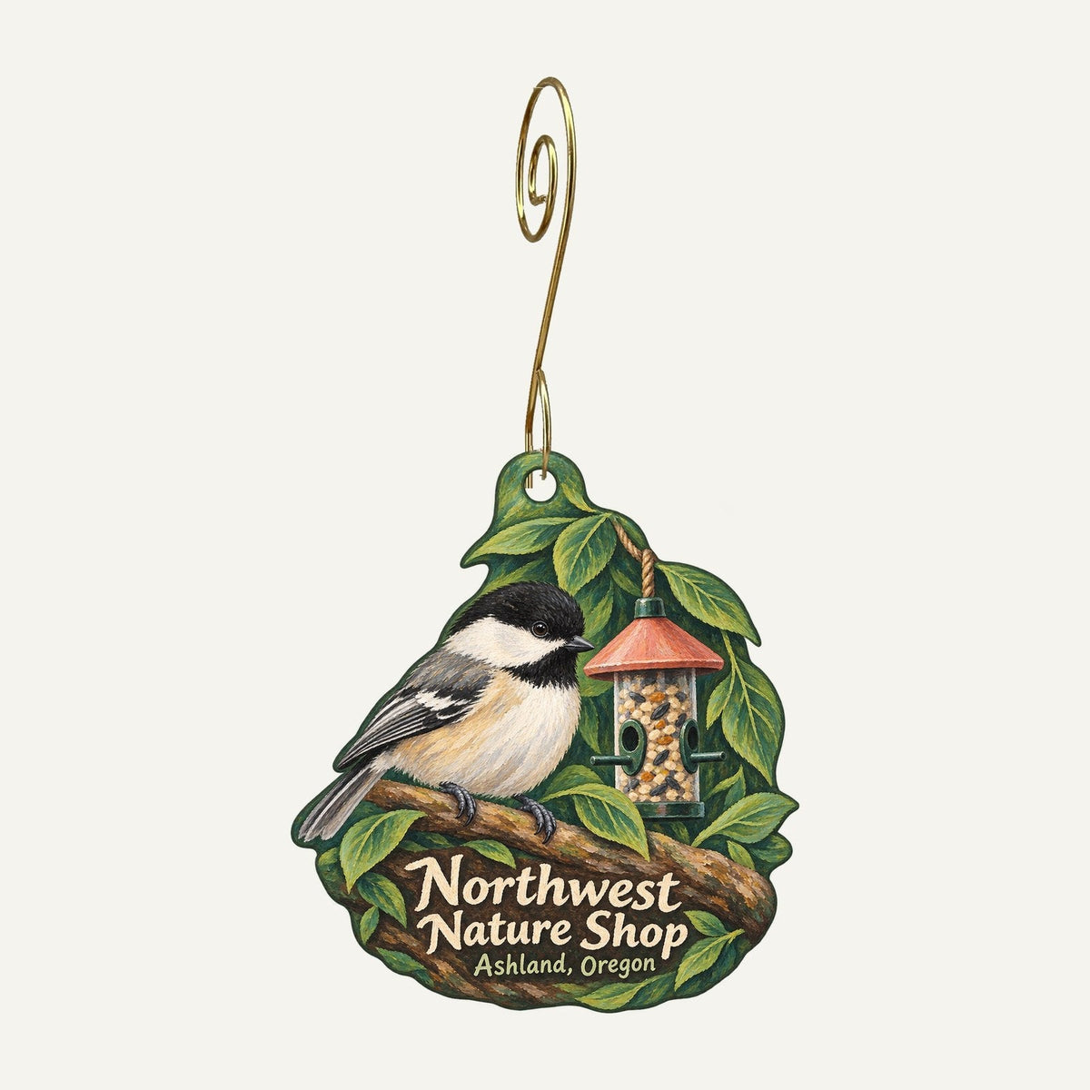 Northwest Nature Shop Logo custom wood ornament OC761 hanging on hook