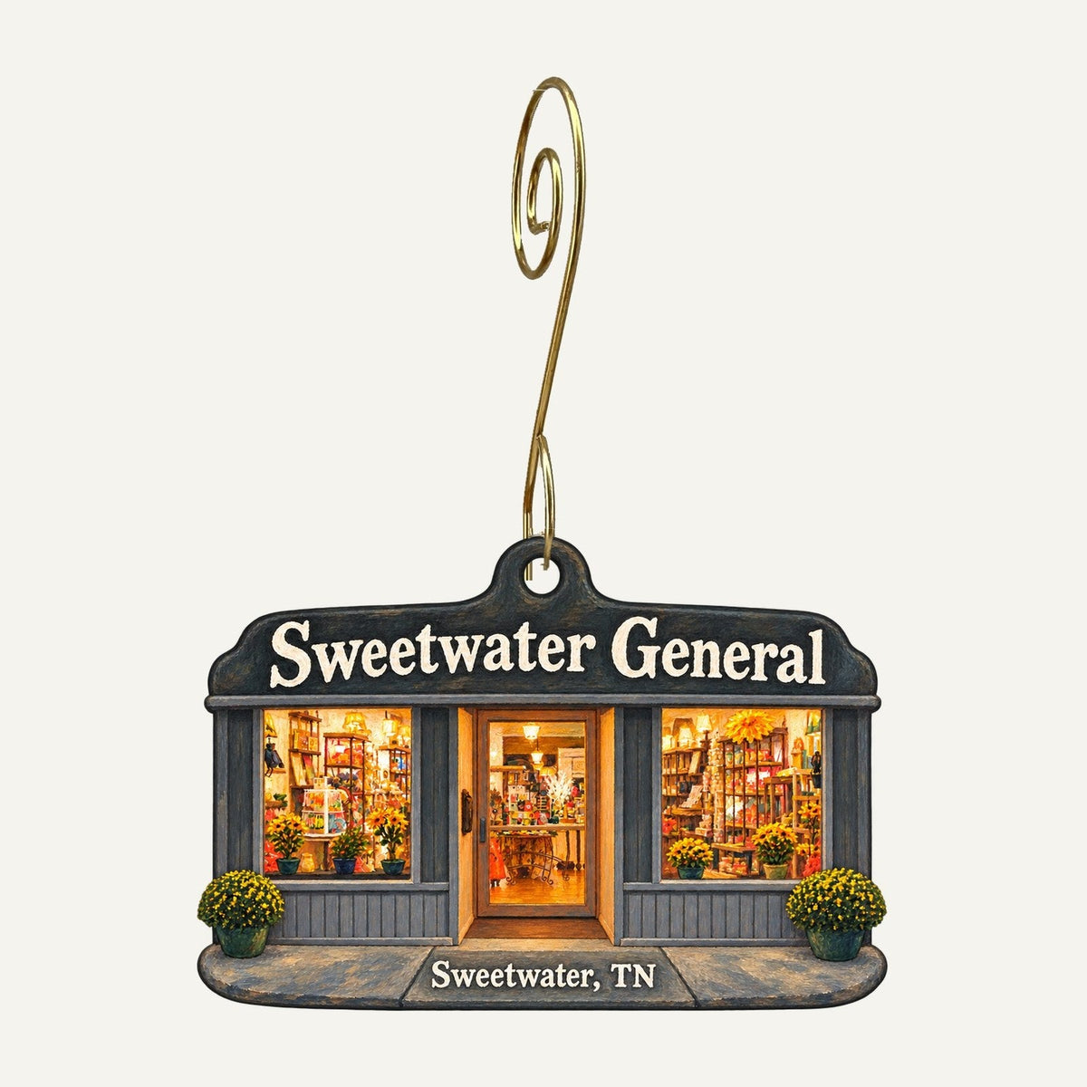 Sweetwater General Logo custom wood ornament OC764 hanging on hook