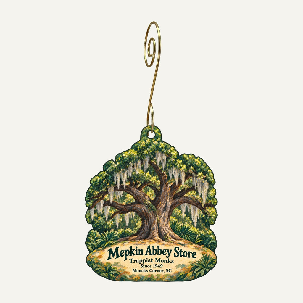 Mepkin Abbey Store Logo custom wood ornament OC770 hanging on hook