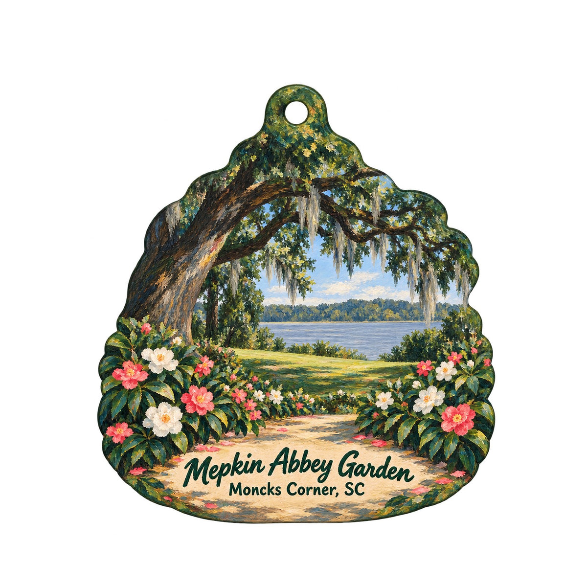 Mepkin Abbey Store Town Icon custom wood ornament OC772 on white