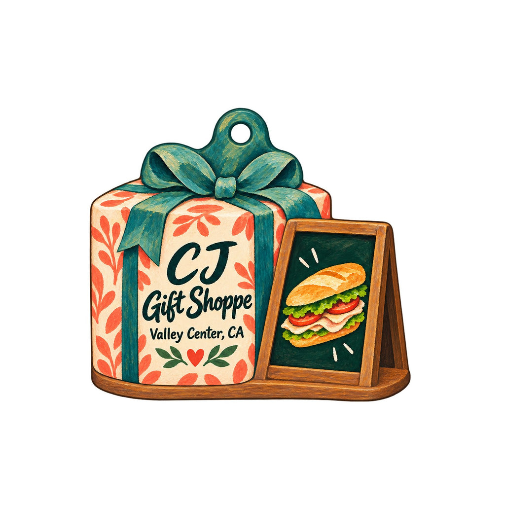 CJ Gift Shoppe Logo custom wood ornament OC791 on white