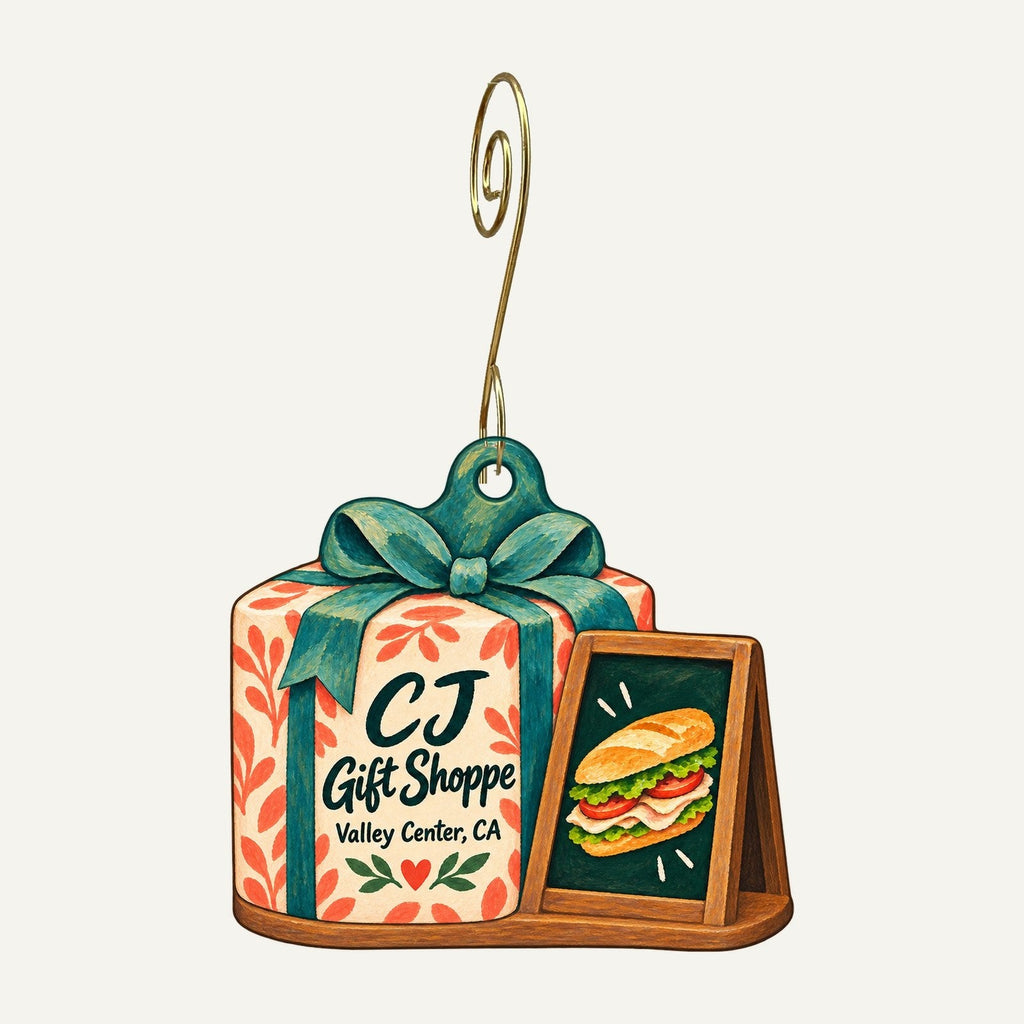 CJ Gift Shoppe Logo custom wood ornament OC791 hanging on hook
