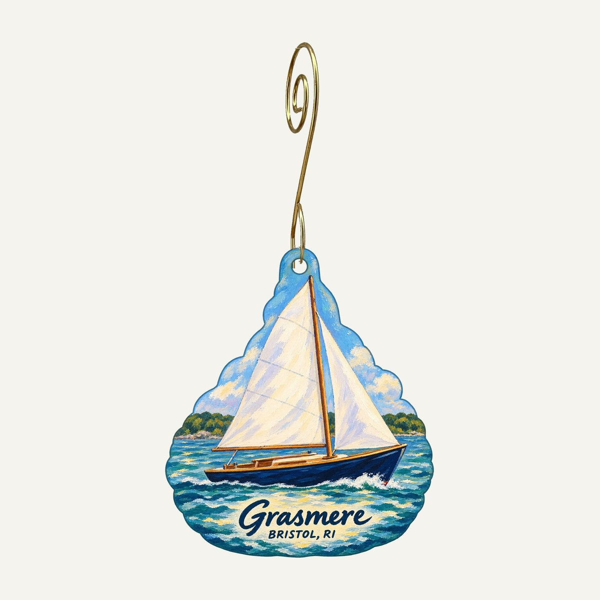 Grasmere Logo custom wood ornament OC821 hanging on hook