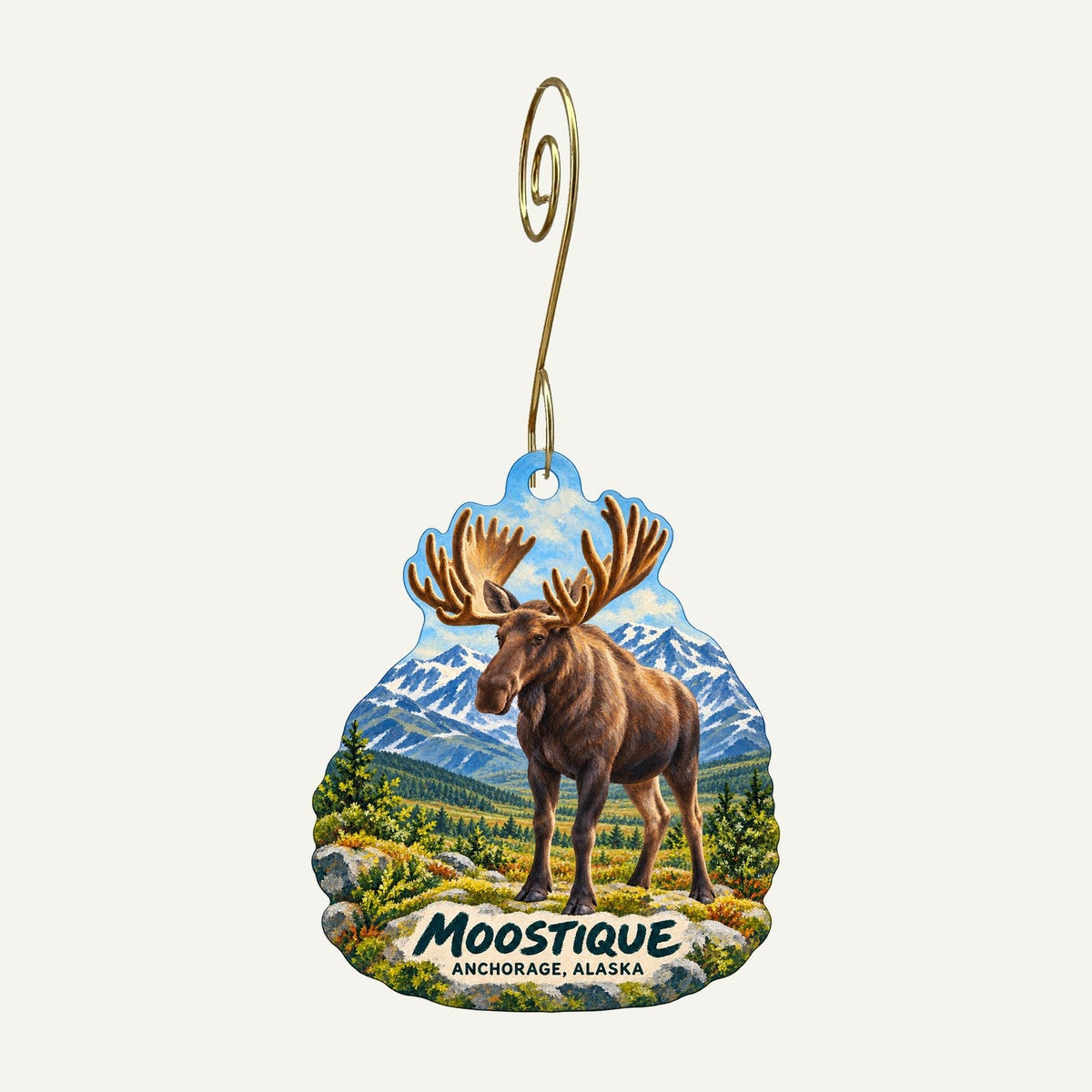 Moostique Logo custom wood ornament OC842 hanging on hook