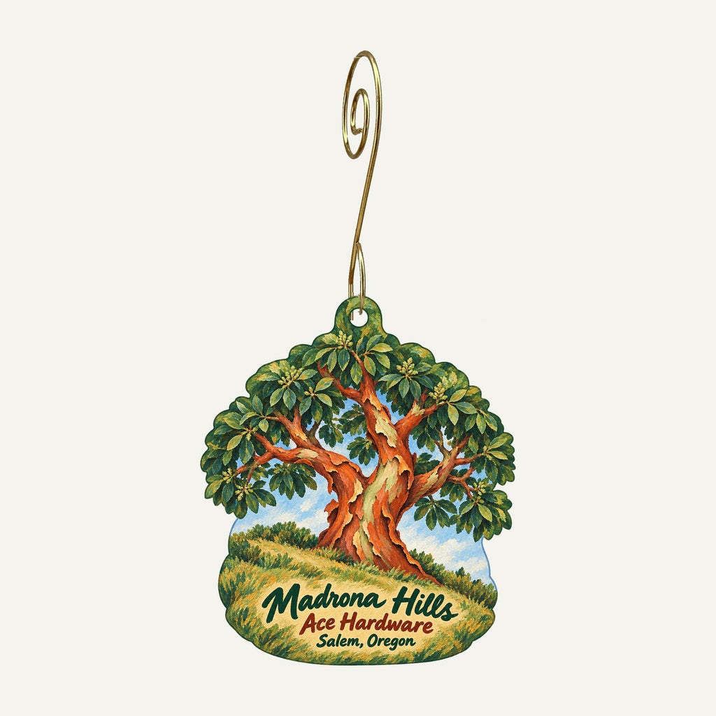 Madrona Hills Ace Hardware Logo custom wood ornament OC860 hanging on hook