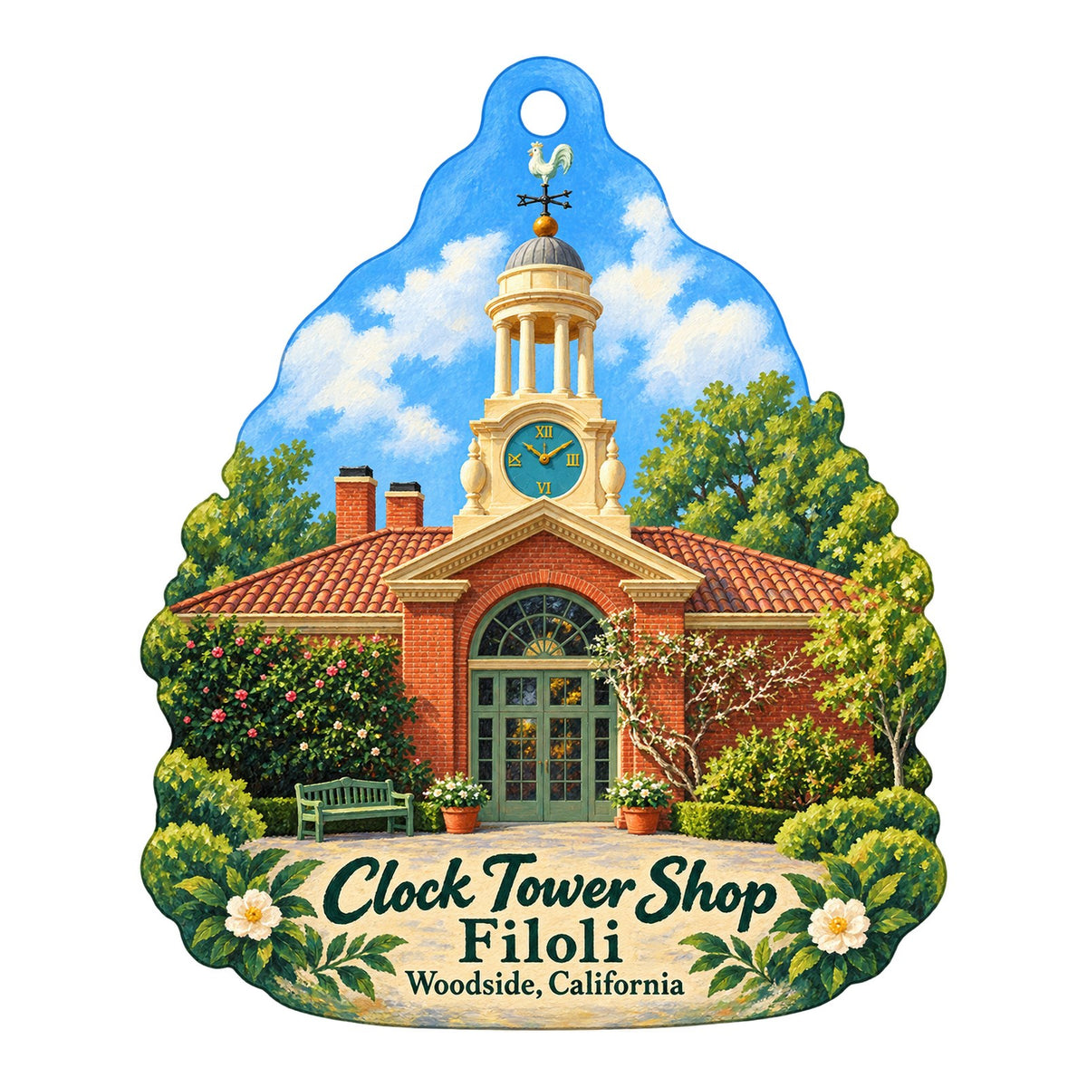 The Clock Tower Shop at Filoli Logo custom wood ornament OC86 on white