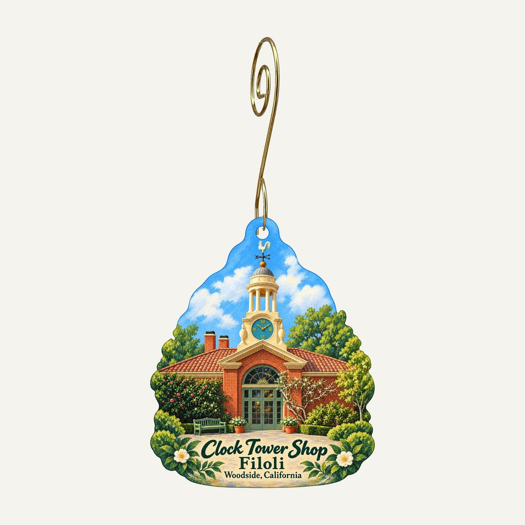 The Clock Tower Shop at Filoli Logo custom wood ornament OC86 hanging on hook