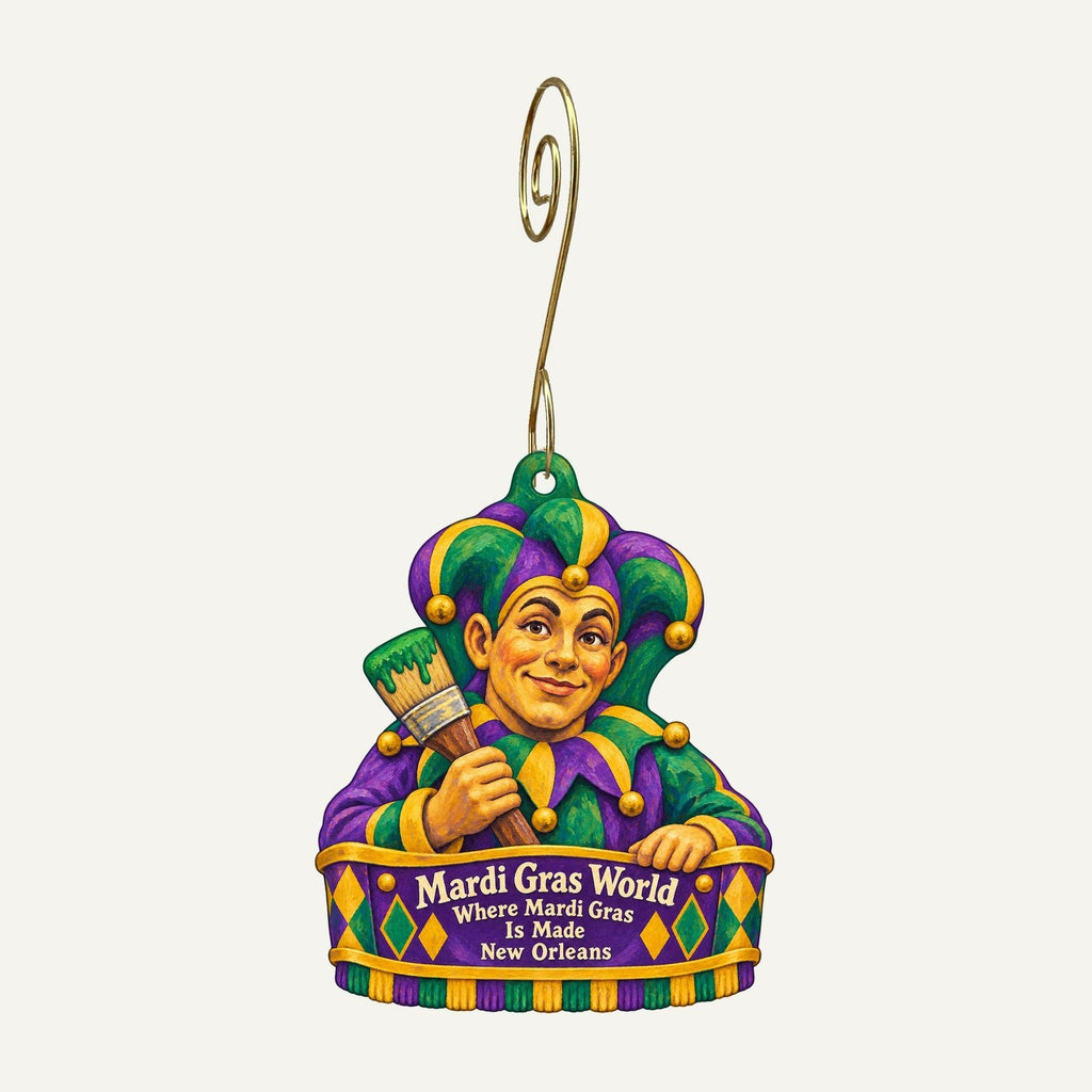Mardi Gras World Logo custom wood ornament OC875 hanging on hook