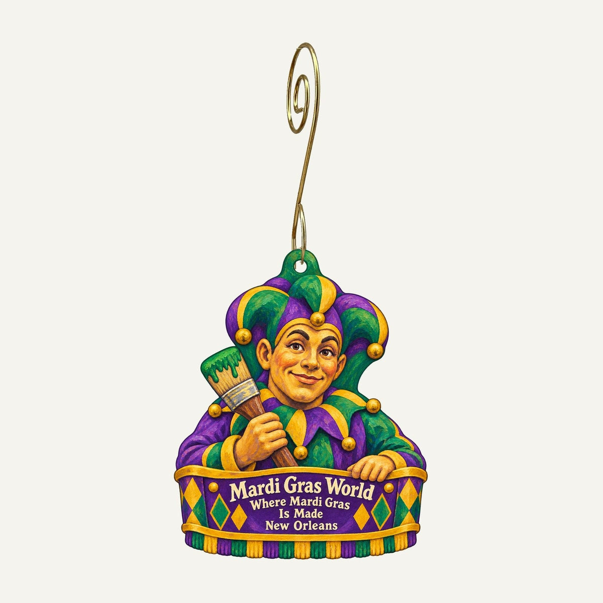 Mardi Gras World Logo custom wood ornament OC875 hanging on hook