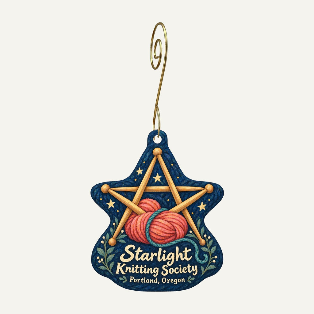 Starlight Knitting Society Logo custom wood ornament OC881 hanging on hook